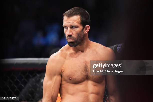 Luke Rockhold stands in his corner before facing Paulo Costa of Brazil in a middleweight fight during the UFC 278 event at Vivint Arena on August 20,...