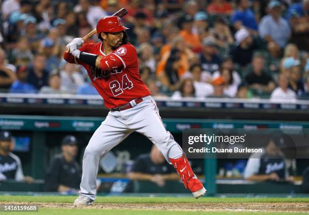 Kurt Suzuki of the Los Angeles Angels bats against the Detroit Tigers at Comerica Park on August 19 in Detroit, Michigan.