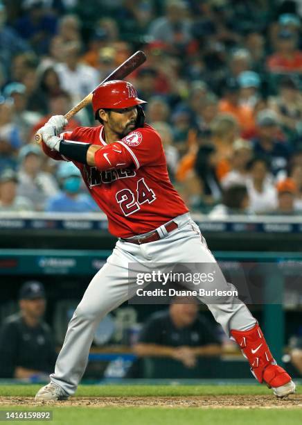 Kurt Suzuki of the Los Angeles Angels bats against the Detroit Tigers at Comerica Park on August 19 in Detroit, Michigan.