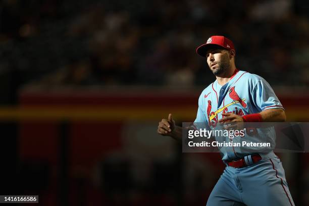 Paul Goldschmidt of the St. Louis Cardinals warms up before the MLB game against the Arizona Diamondbacks at Chase Field on August 20, 2022 in...