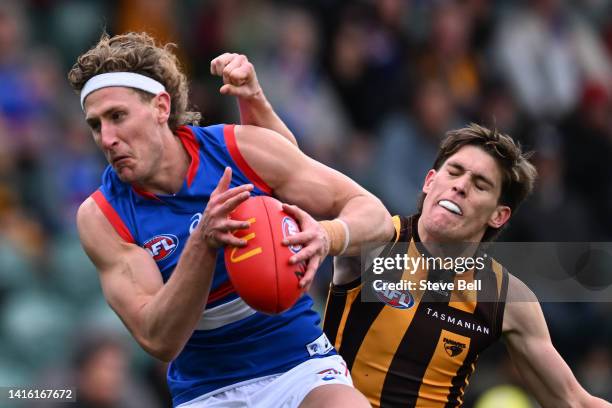 Aaron Naughton of the Bulldogs takes a mark during the round 23 AFL match between the Hawthorn Hawks and the Western Bulldogs at University of...