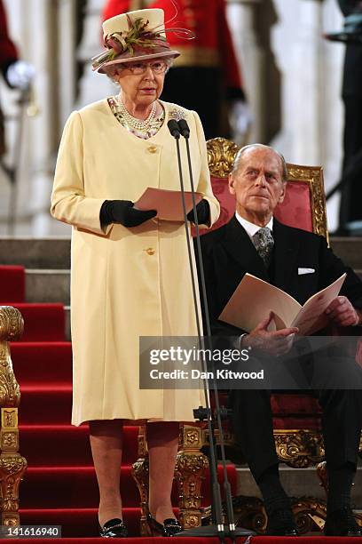 Queen Elizabeth II addresses both Houses of Parliament as Prince Philip, Duke of Edinburgh looks on in Westminster Hall on March 20, 2012 in London,...