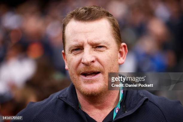 Blues head coach Michael Voss speaks before during the round 23 AFL match between the Carlton Blues and the Collingwood Magpies at Melbourne Cricket...