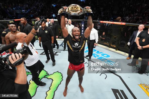 Leon Edwards of Jamaica celebrates after defeating Kamaru Usman of Nigeria in the UFC welterweight championship fight during the UFC 278 event at...