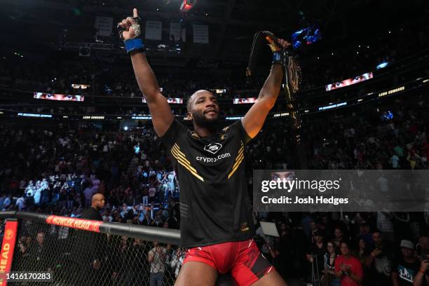 Leon Edwards of Jamaica reacts after defeating Kamaru Usman of Nigeria in the UFC welterweight championship fight during the UFC 278 event at Vivint...