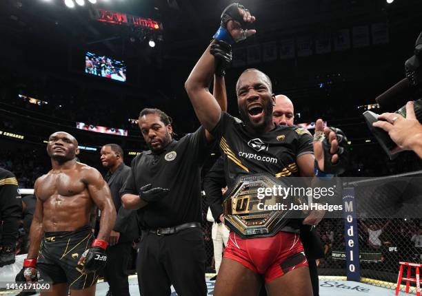 Leon Edwards of Jamaica reacts after defeating Kamaru Usman of Nigeria in the UFC welterweight championship fight during the UFC 278 event at Vivint...