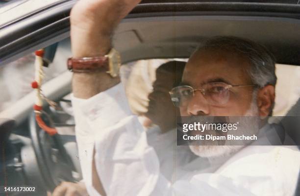 Narendra Modi heading to riot affected areas in Ahmedabad Gujarat India on 28th February 2002.
