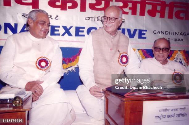 Atal Bihari Vajpayee and Lal Krishna Advani at BJP National Executive Meeting at Gandhinagar Gujarat India on 6th May 1998.
