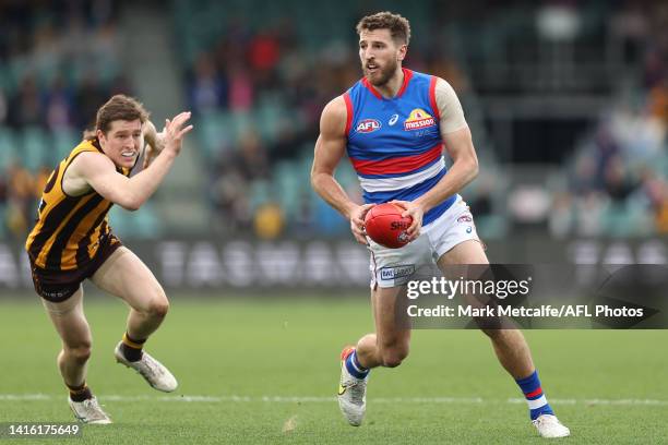 Marcus Bontempelli of the Bulldogs in action during the round 23 AFL match between the Hawthorn Hawks and the Western Bulldogs at University of...