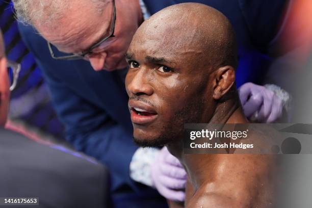 Kamaru Usman of Nigeria reacts after being defeated by Leon Edwards of Jamaica in the UFC welterweight championship fight during the UFC 278 event at...