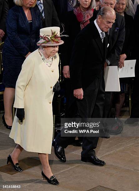 Queen Elizabeth II arrives with Prince Philip, Duke of Edinburgh at Westminster Hall on March 20, 2012 in London, England. Following the address to...
