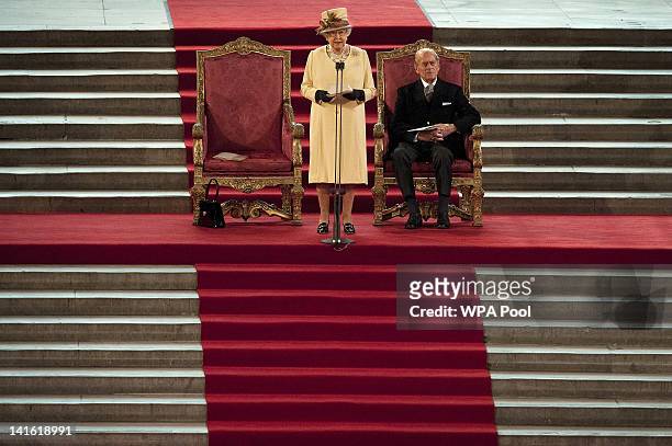Queen Elizabeth II gives a speech in response to Loyal Addresses marking her Diamond Jubilee presented to her from both Houses of Parliament as...