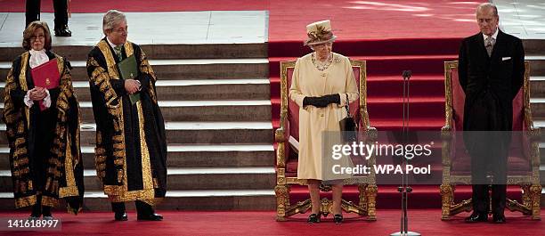 Lord speaker Baroness D'Souza, Speaker of the House John Bercow, Queen Elizabeth II and Prince Phillip, Duke of Edinburgh stand for the natioanl...