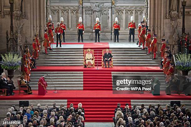 Queen Elizabeth II sits with Prince Philip, Duke of Edinburgh at Westminster Hall on March 20, 2012 in London, England. Following the address to...