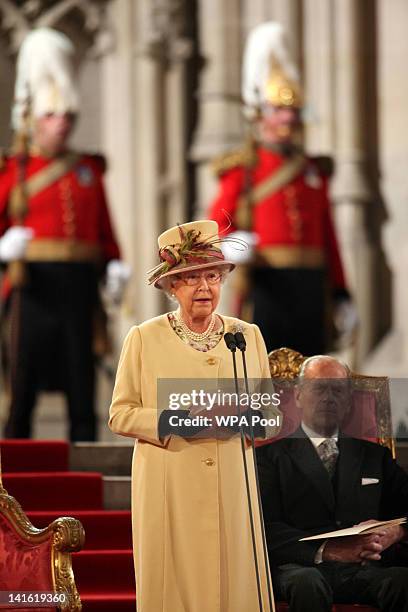 Queen Elizabeth II addresses both Houses of Parliament as Prince Philip, Duke of Edinburgh looks on, in Westminster Hall on March 20, 2012 in London,...