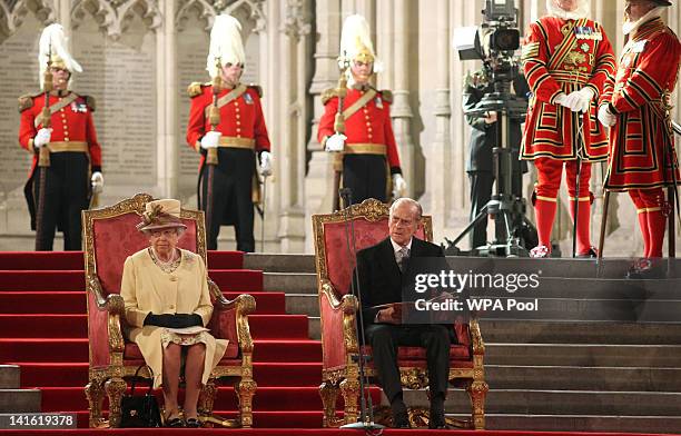 Queen Elizabeth II and Prince Philip, Duke of Edinburgh sit in Westminster Hall after addressing both Houses of Parliament on March 20, 2012 in...