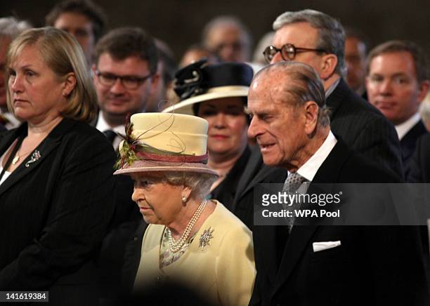 Queen Elizabeth II and Prince Philip, Duke of Edinburgh arrive at Westminster Hall to address both Houses of Parliament on March 20, 2012 in London,...