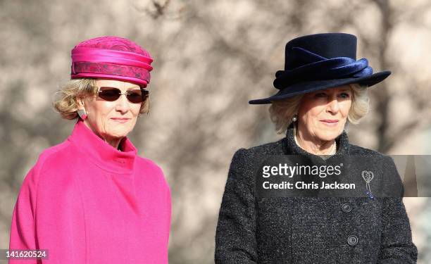 Queen Sonja of Norway talks to Camilla, Duchess of Cornwall talk during a wreath laying at the National Monument at Akershus Fortress on March 20,...