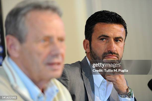 Christian Panucci looks on as President of Palermo Maurizio Zamparini speaks during his presentation as a technical director for US Citta di Palermo...