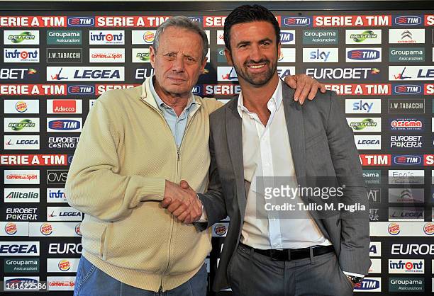Christian Panucci poses with President of Palermo Maurizio Zamparini during his presentation as a technical director for US Citta di Palermo at...