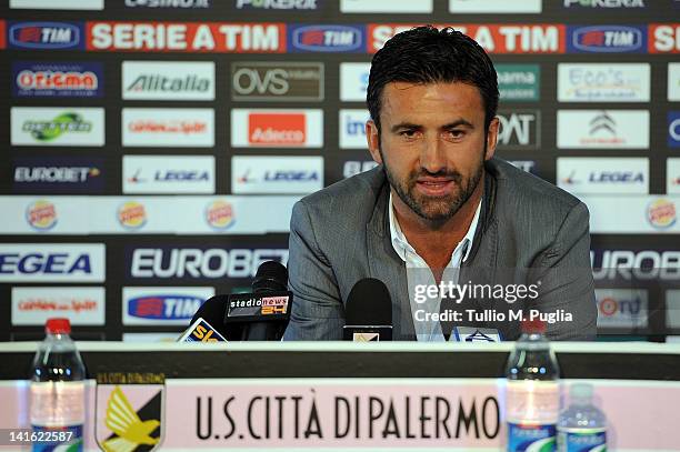 Christian Panucci answers questions during his presentation as a technical director for US Citta di Palermo at Tenente Carmelo Onorato Sports Centre...