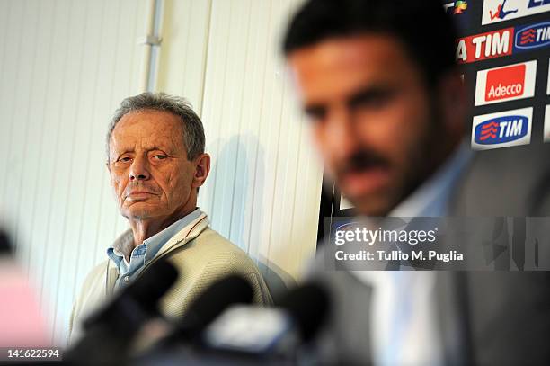 President of Palermo Maurizio Zamparini looks on as Christian Panucci answers questions during his presentation as a technical director for US Citta...