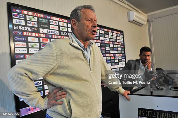 Christian Panucci looks on as President of Palermo Maurizio Zamparini answers questions during his presentation as a technical director for US Citta...