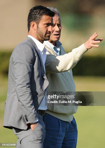 President of Palermo Maurizio Zamparini speaks with Christian Panucci after his presentation as a technical director for US Citta di Palermo at...