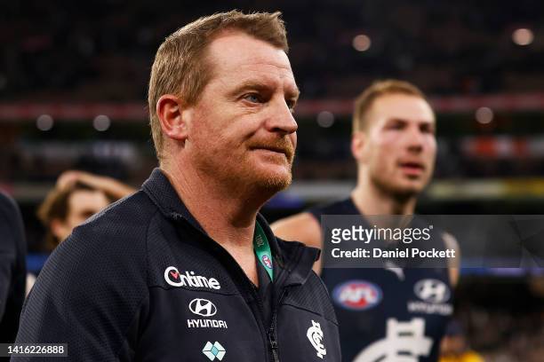 Blues head coach Michael Voss looks dejected after the round 23 AFL match between the Carlton Blues and the Collingwood Magpies at Melbourne Cricket...