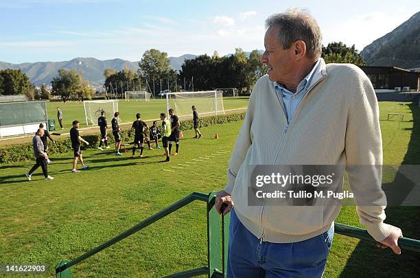 President of Palermo Maurizio Zamparini looks on after the presentation of Christian Panucci as a technical director for US Citta di Palermo at...