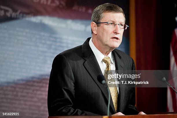 Senate Budget Chairman Kent Conrad speaks about FY2013 spending levels at a news conference at the Capitol on March 20, 2012 in Washington, D.C....