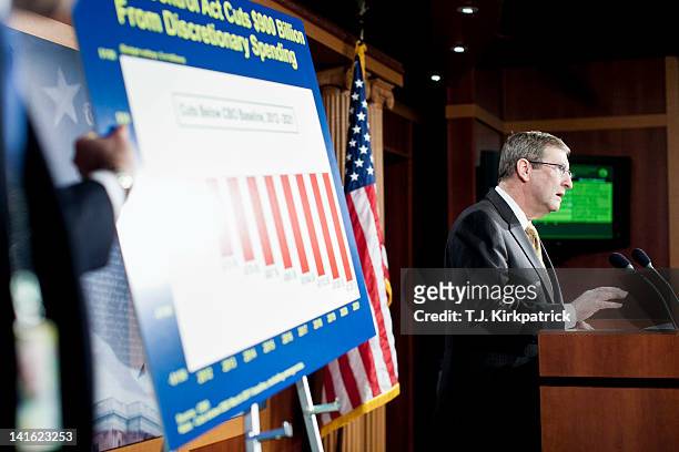 Senate Budget Chairman Kent Conrad speaks about FY2013 spending levels at a news conference at the Capitol on March 20, 2012 in Washington, D.C....