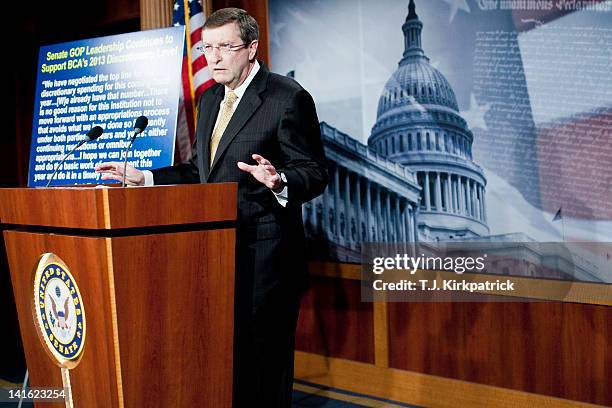 Senate Budget Chairman Kent Conrad speaks about FY2013 spending levels at a news conference at the Capitol on March 20, 2012 in Washington, D.C....