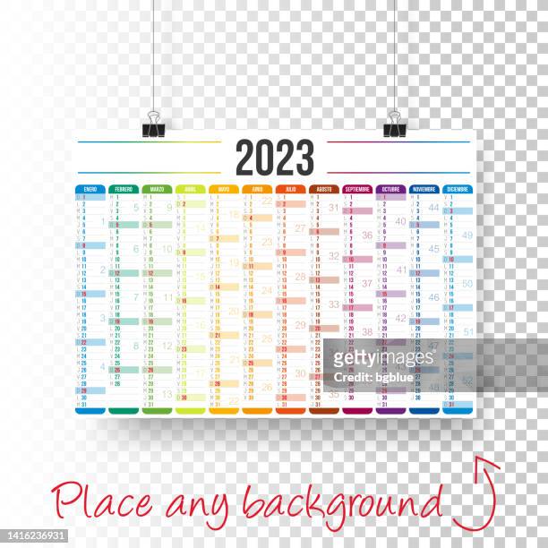spanischer kalender 2023 - poster auf blankem brackboden - felssäulenformation stock-grafiken, -clipart, -cartoons und -symbole