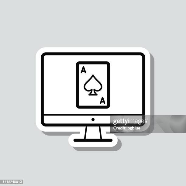 desktop computer with playing card. icon sticker on gray background - blackjack vector stock illustrations