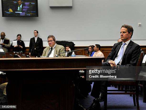 Timothy F. Geithner, U.S. Treasury secretary, pauses while testifying before the House Financial Services Committee in Washington, D.C., U.S., on...