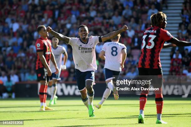 Gabriel Jesus of Arsenal celebrates their teams second goal scored by Martin Oedegaard during the Premier League match between AFC Bournemouth and...