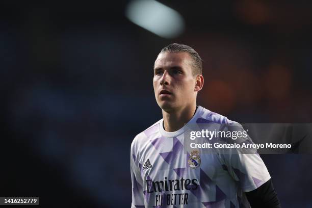 Goalkeeper Andriy Lunin of Real Madrid CF warms up before during the LaLiga Santander match between RC Celta de Vigo and Real Madrid CF at Estadio...