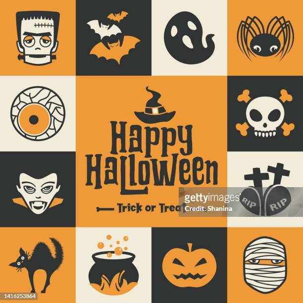 halloween square greeting card - black and yellow - halloween stock illustrations