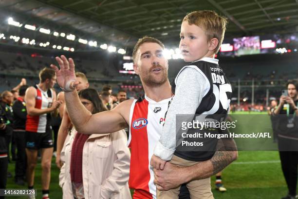 Dean Kent of the Saints waves to fans following the round 23 AFL match between the St Kilda Saints and the Sydney Swans at Marvel Stadium on August...