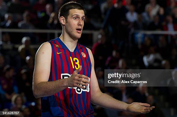 Kosta Perovic, #13 of FC Barcelona Regal gestures during the Play Off D Game Day 1 between FC Barcelona Regal v Unics Kazan at Palau Blaugrana on...