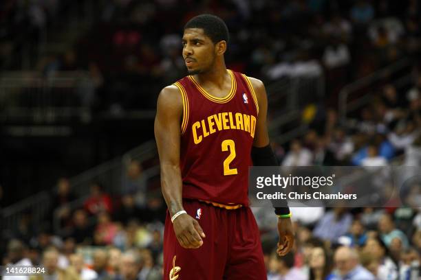 Kyrie Irving of the Cleveland Cavaliers looks on against the New Jersey Nets at Prudential Center on March 19, 2012 in Newark, New Jersey. NOTE TO...