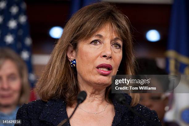 Rep. Jackie Speier, D-Calif., speaks at a news conference on the anniversary of the Affordable Care Act to discuss the benefits the law has had for...