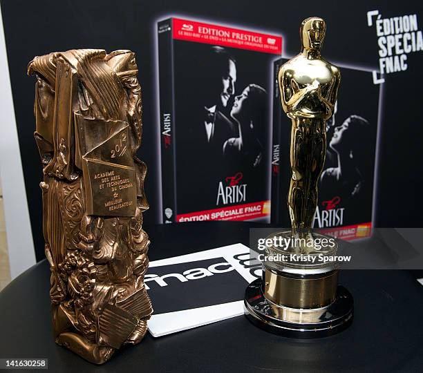 General view of the Cesar Award and Oscar Statue won by Director Michel Hazanavicius for the movie 'The Artist' during 'The Artist' DVD signing...