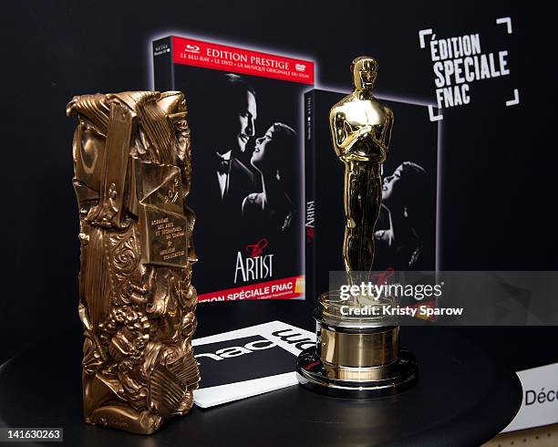 General view of the Cesar Award and Oscar Statue won by Director Michel Hazanavicius for the movie 'The Artist' during 'The Artist' DVD signing...