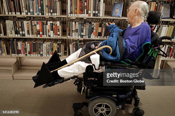 Penelope Ann Shaw uses the MBTA's Ride paratransit service to get from her nursing home in Braintree to a local library, where she browses the books...
