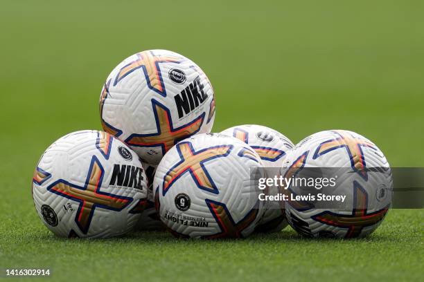 Nike Aerowsculpt Premier League 2 match balls are seen on the pitch prior to the Premier League 2 match between Manchester City and Tottenham Hotspur...