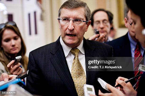 Senate Budget Chairman Kent Conrad speaks to the media after a weekly policy meeting at the Capitol on March 20, 2012 in Washington, DC. The stage is...