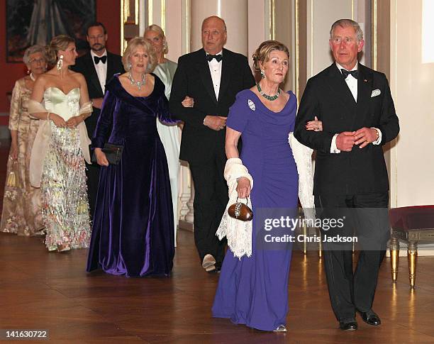 Camilla, Duchess of Cornwall and King Harald of Norway, Queen Sonja of Norway and Prince Charles, Prince of Wales attend an official dinner at the...