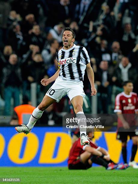 Alessandro Del Piero of Juventus FC celebrates scoring the first goal during the Tim Cup match between Juventus FC and AC Milan at Juventus Arena on...